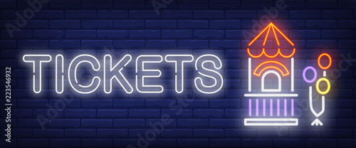 Tickets neon text with booth. Amusement park and advertisement design. Night bright neon sign, colorful billboard, light banner. Vector illustration in neon style.