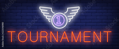 Tournament neon text and ball with wings. Billiards club and advertisement design. Night bright neon sign, colorful billboard, light banner. Vector illustration in neon style.