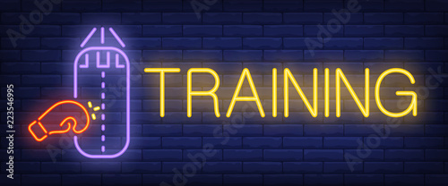 Training neon text with boxing glove and punching bag. Boxing club and advertisement design. Night bright neon sign, colorful billboard, light banner. Vector illustration in neon style.