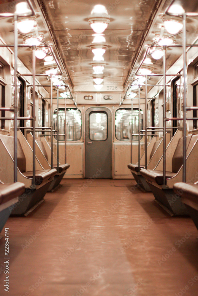 Interior of empty Sankt Petersburg subway car.