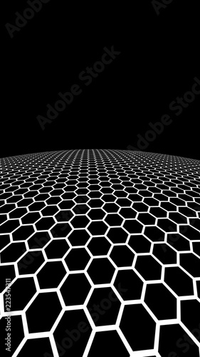White honeycomb on a black background. Perspective view on polygon look like honeycomb. Ball  planet  covered with a network  honeycombs  cells. 3D illustration