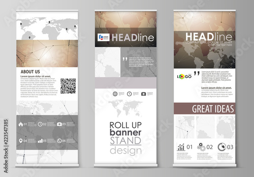 The minimalistic vector illustration of the editable layout of roll up banner stands, vertical flyers, flags design business templates. Global network connections, technology background with world map