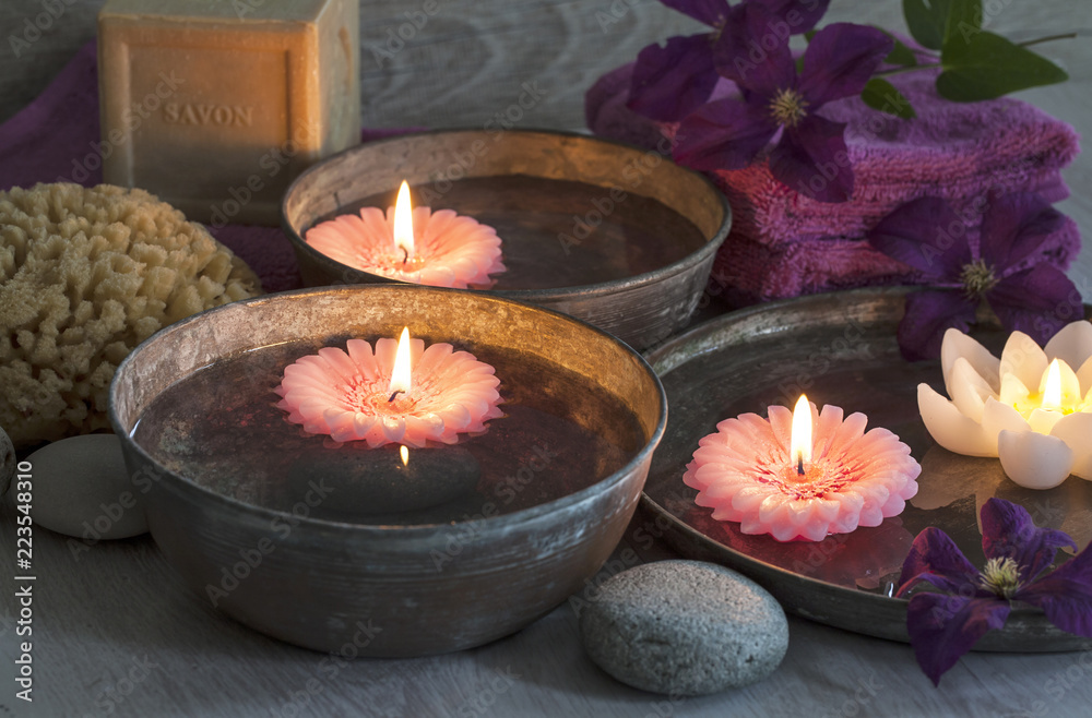 Decorative spa still life with soap, towels, sponge, flowers and candles,  perfect for spa, well-being, beauty and relaxation themes Stock Photo |  Adobe Stock