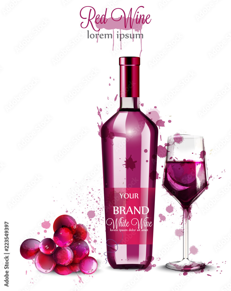 Obraz Red wine bottle watercolor Vector. Vintage painted style illustrations