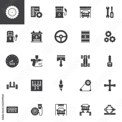 Car service vector icons set, modern solid symbol collection, filled style pictogram pack. Signs, logo illustration. Set includes icons as Tire, Garage, Piston, Steering wheel, Speedometer, Chassis