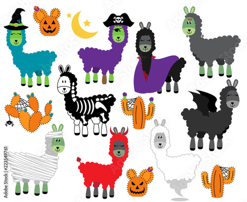 Vector Collection of Halloween Themed Llamas