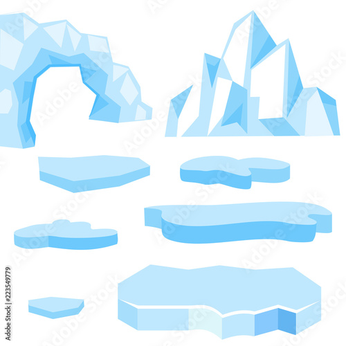 Set of cartoon vector blue floes and icebergs of different shape