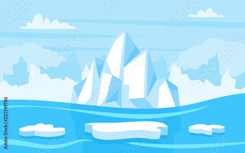 Cartoon illustration of arctic landscape with blue sky and iceberg, game background