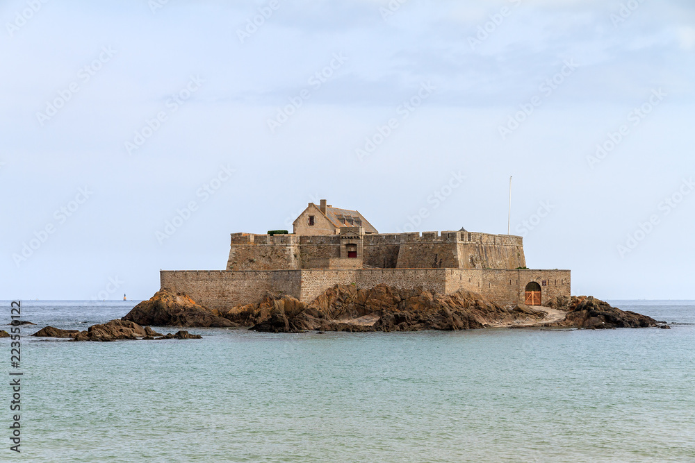 Beautiful view of tidal island Fort National at high tide in Saint-Malo, Brittany, France, a national heritage monument
