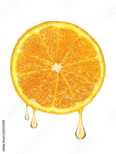 drops of juice falling from orange isolated on white background
