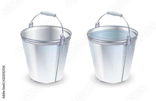 Buckets set. Flat vector illustration. Bucket empty and with water.