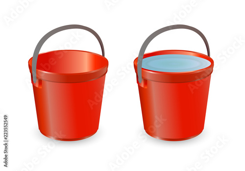 Buckets set. Flat vector illustration. Bucket empty and with water.