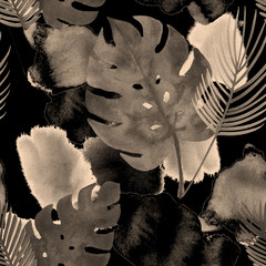 Fototapete Eklektische Muster Exotisches Monstera Aquarellmuster  © graficanto