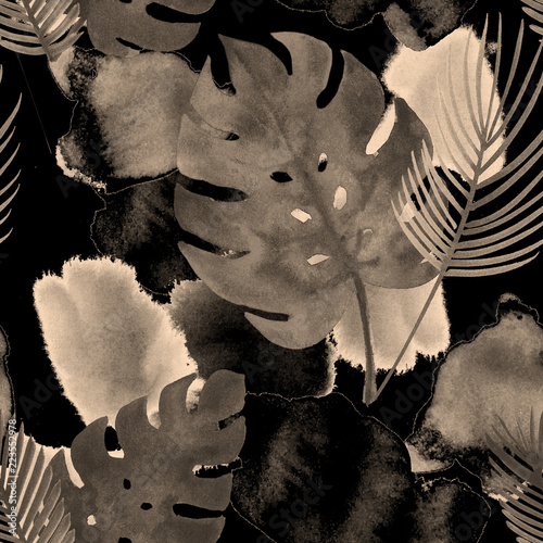 Tropisches Aquarell nahtloses Muster, botanische moderne Mode. Böhmisches exotisches Monstera-Textildesign. Winter, Sommer-Vintage-Mode-Drucke, eklektisches gemaltes Blumenmuster. Tropfen und Monstera.