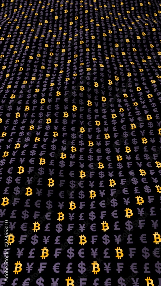 Fototapeta premium Bitcoin and currency on a dark background. Digital Cryptocurrency symbol. Wave effect, currency market fluctuations. Business concept. 3D illustration
