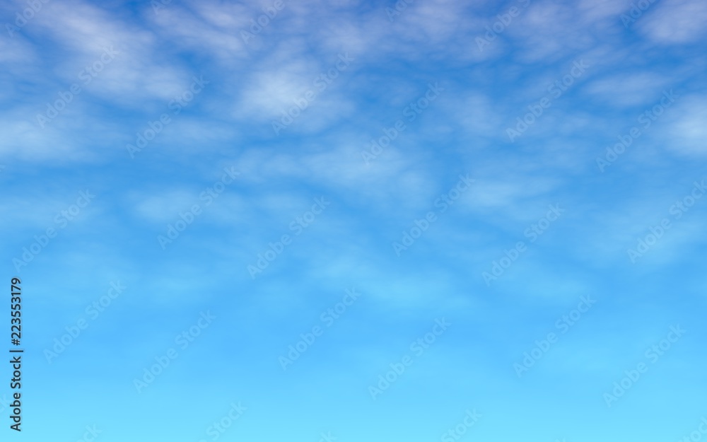 The bright sky in the morning. Blue sky background with white clouds. Cumulus white clouds in the clear blue sky. 3D illustration