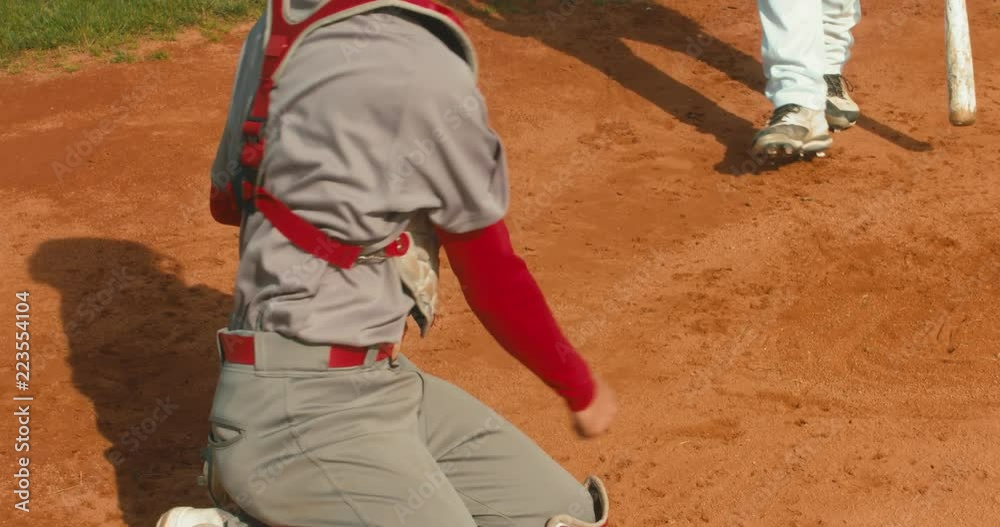 OVERHEAD CRANE Baseball players batter and catcher prepare to receive a ball from pitcher. 4K UHD 60 FPS SLO MO RAW OVERHEAD CRANE Baseball players batter and catcher prepare to receive a ball from pitcher. 4K UHD 60 FPS SLO MO RAW
