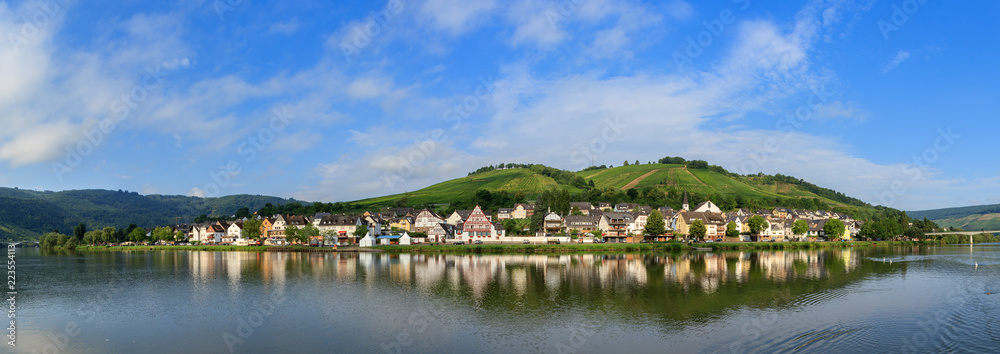 Beautiful 180 degree panoramic sunrise view of the river Moselle at the small wine growing town Zell (an der Mosel) on a summer morning