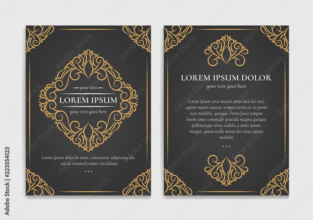 Gold and black vintage greeting card. Luxury vector ornament template. Great for invitation, flyer, menu, brochure, postcard, background, wallpaper, decoration, packaging or any desired idea