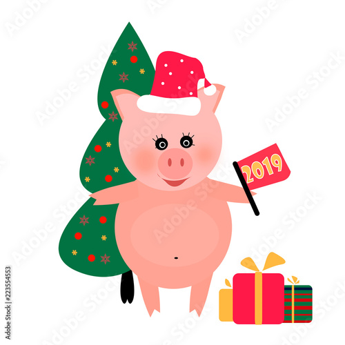 New Year 2019 symbol pig with tree and presents on white isolated