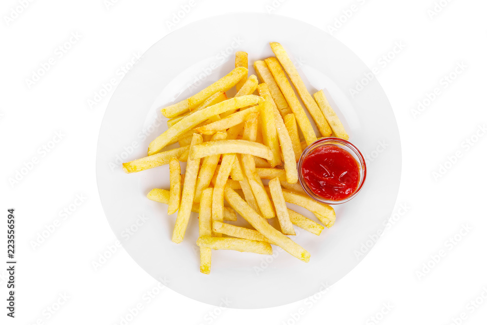 Hot appetizer French fries crispy, golden, deep-fried, fried in oil with tomato sauce, ketchup, before alcohol, food on plate, white isolated background view from above. For the menu, restaurant, cafe