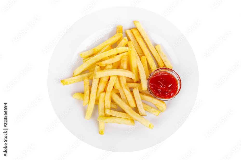 Hot appetizer French fries crispy, golden, deep-fried, fried in oil with tomato sauce, ketchup, before alcohol, food on plate, white isolated background view from above. For the menu, restaurant, cafe Hot appetizer French fries crispy, golden, deep-fried, fried in oil with tomato sauce, ketchup, before alcohol, food on plate, white isolated background view from above. For the menu, restaurant, cafe