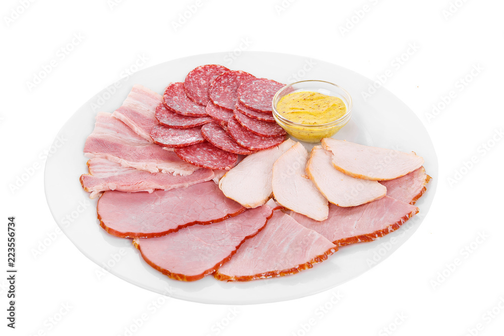 Cold appetizer assorted meat, slices of salami, ham, chicken, carbonate, brisket, boiled pork, fillets, mustard sauce, before alcohol, food on plate, white isolated background Side view. For the menu Cold appetizer assorted meat, slices of salami, ham, chicken, carbonate, brisket, boiled pork, fillets, mustard sauce, before alcohol, food on plate, white isolated background Side view. For the menu