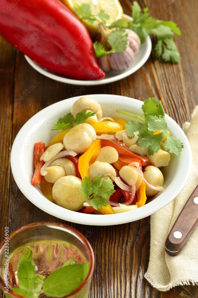 Homemade marinated / pickled / mushrooms with vegetables, vertical Homemade marinated / pickled / mushrooms with vegetables, vertical