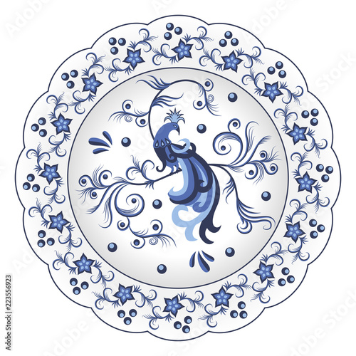 Decorative porcelain plate ornate in traditional Russian style Gzhel