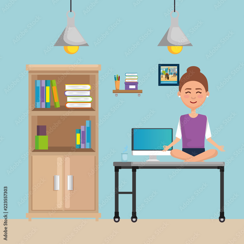Fototapeta premium business woman practicing yoga in office desk