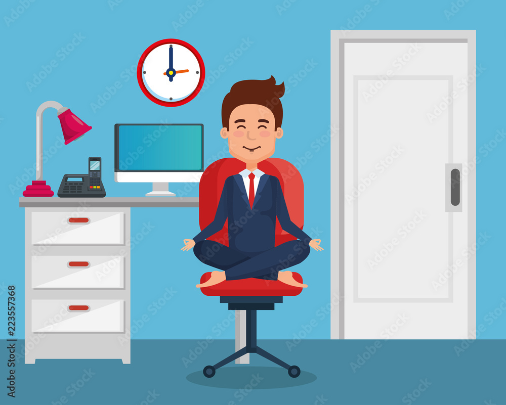 businessman practicing yoga in office chair businessman practicing yoga in office chair