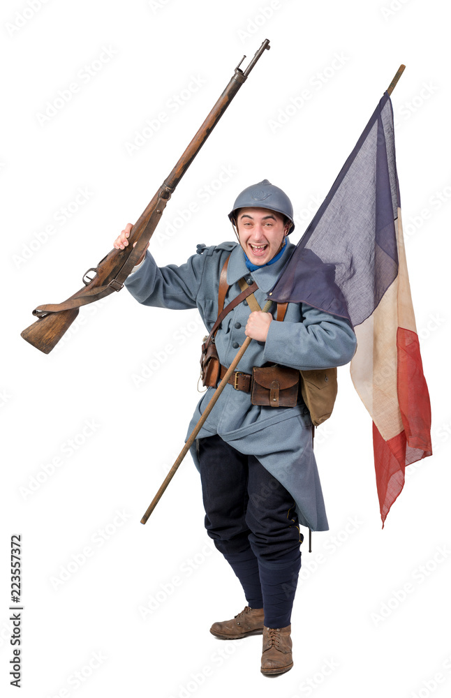 French soldier, 1914 1918 with flag, isolated on white background French soldier, 1914 1918 with flag, isolated on white background
