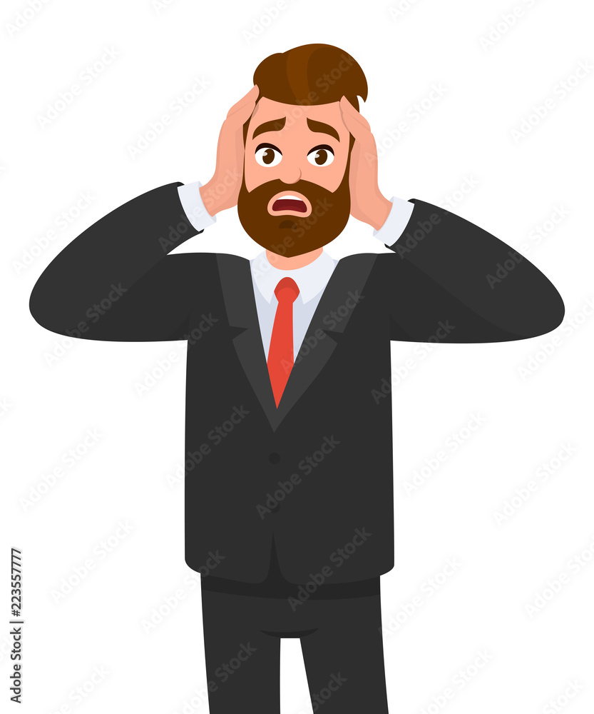 Businessman holding his hands on the head, feeling stress, pain, tired. Emotions and body language concept in cartoon style vector illustration. Businessman holding his hands on the head, feeling stress, pain, tired. Emotions and body language concept in cartoon style vector illustration.