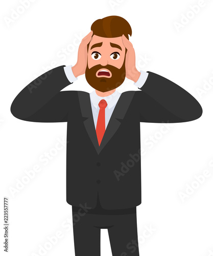 Businessman holding his hands on the head, feeling stress, pain, tired. Emotions and body language concept in cartoon style vector illustration.