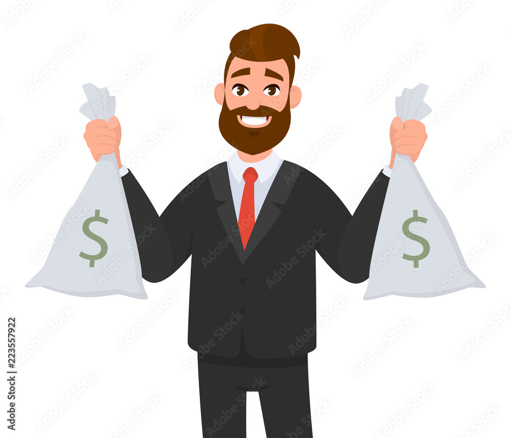 Smiling successful businessman holding cash/money/currency bags and standing isolated in white background. Successful business or finance concept illustration in vector cartoon style. Smiling successful businessman holding cash/money/currency bags and standing isolated in white background. Successful business or finance concept illustration in vector cartoon style.
