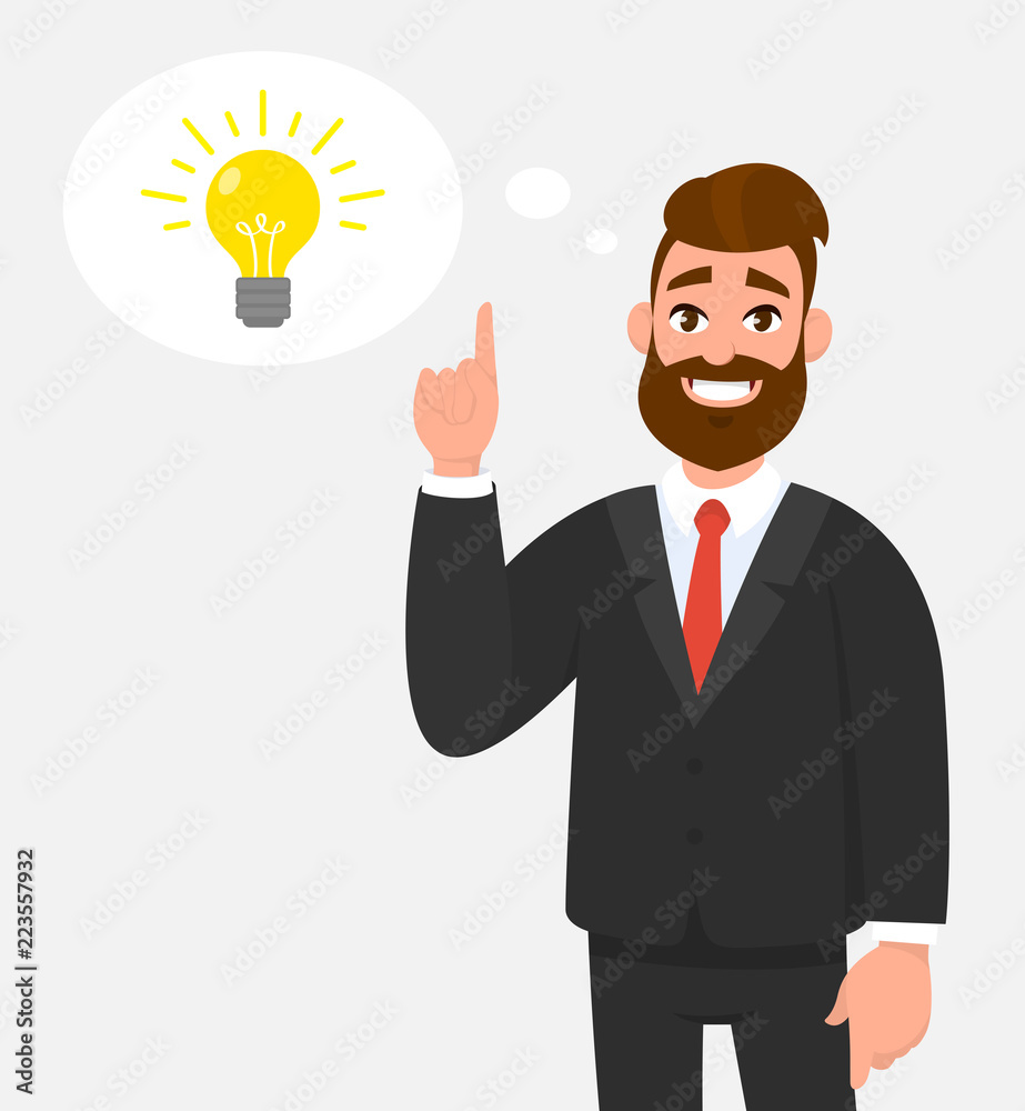 Thoughtful happy businessman pointing up to the bright bulb in the thought bubble. Idea, innovation, invention, problem solving, solution concept illustration in cartoon vector style. Thoughtful happy businessman pointing up to the bright bulb in the thought bubble. Idea, innovation, invention, problem solving, solution concept illustration in cartoon vector style.