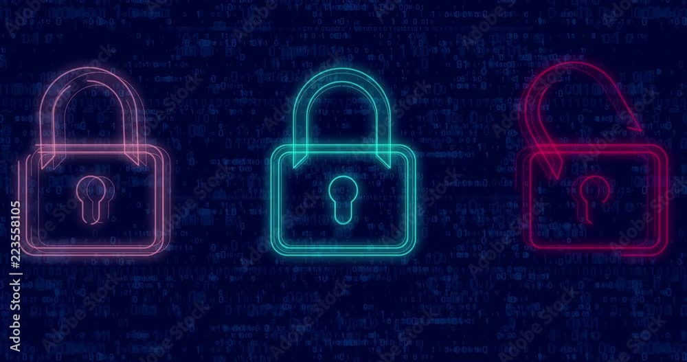 Computer protection concept with padlock symbol on blue digital background. Cyber security seamless and loopable abstract animation. Safety in cyber space.