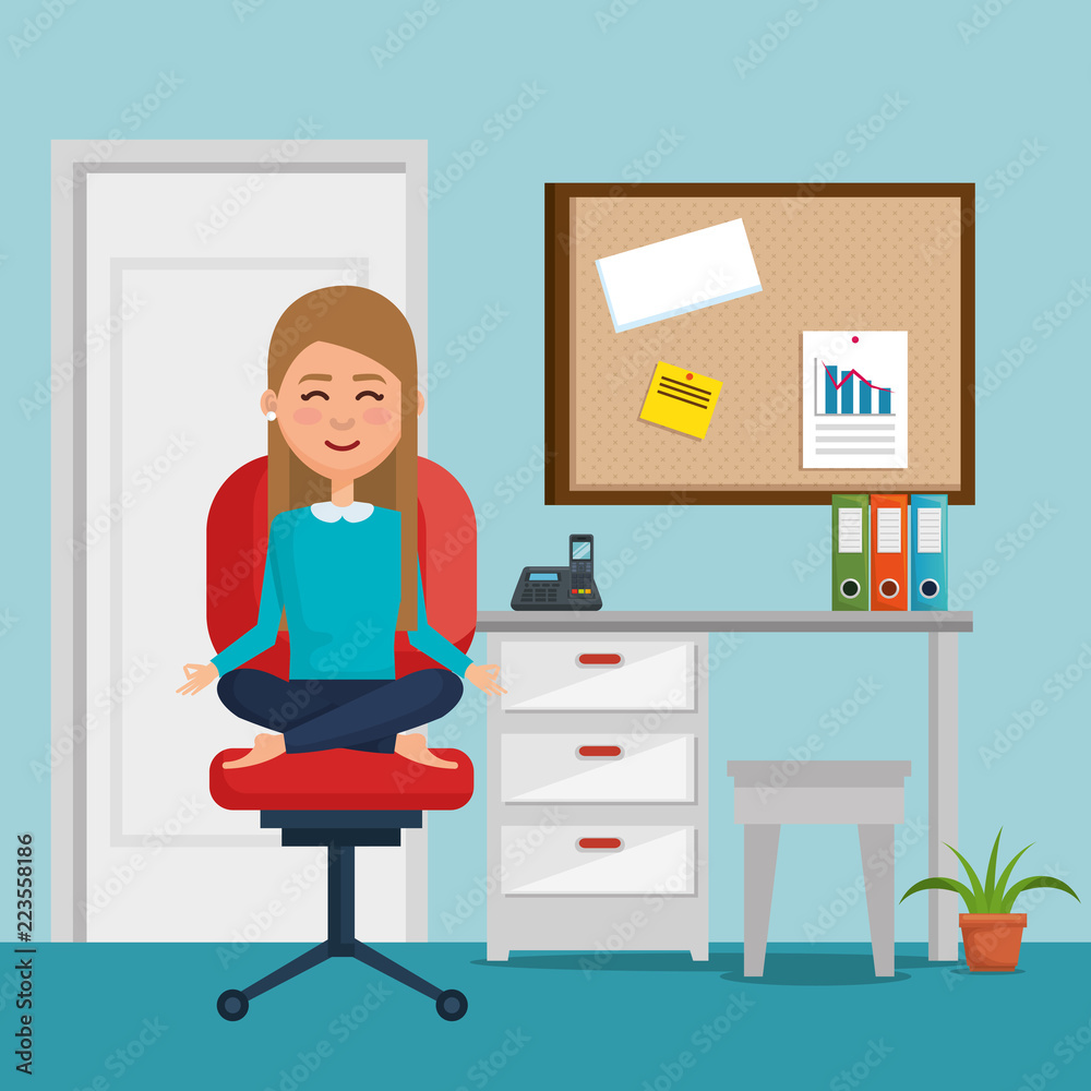 business woman practicing yoga in office chair business woman practicing yoga in office chair
