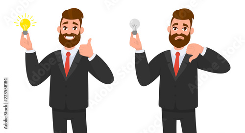 Happy businessman showing thumbs up and holding bright bulb. Unhappy business man showing thumbs down and holding bulb against isolated white background. Innovation and idea concept illustration.