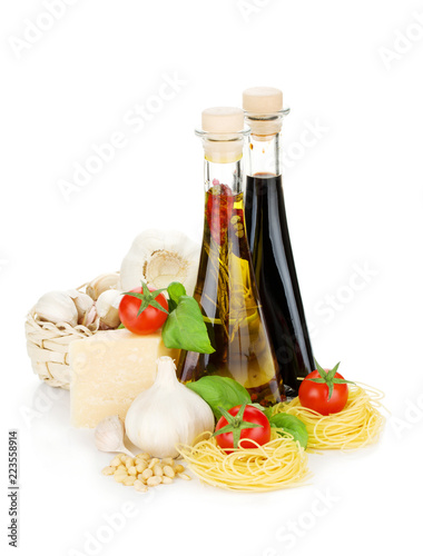 Pasta, tomatoes, basil, olive oil, vinegar, garlic and parmesan cheese