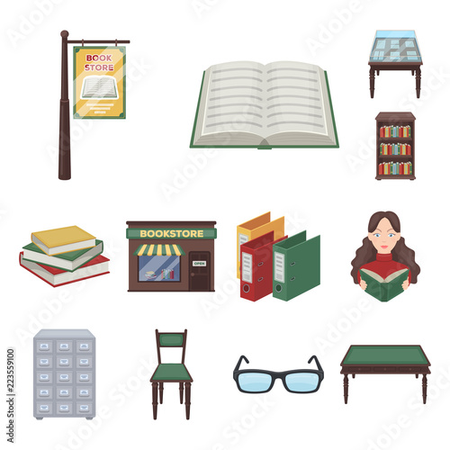 Library and bookstore cartoon icons in set collection for design. Books and furnishings vector symbol stock web illustration.