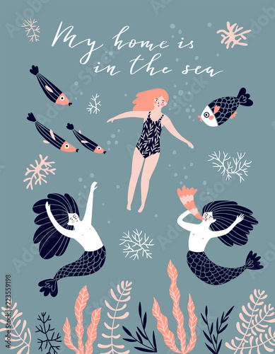 Cute hand-drawn seamless pattern with mermaids and swimming girls. Magic endless design for fabric, wrap paper or wallpaper.