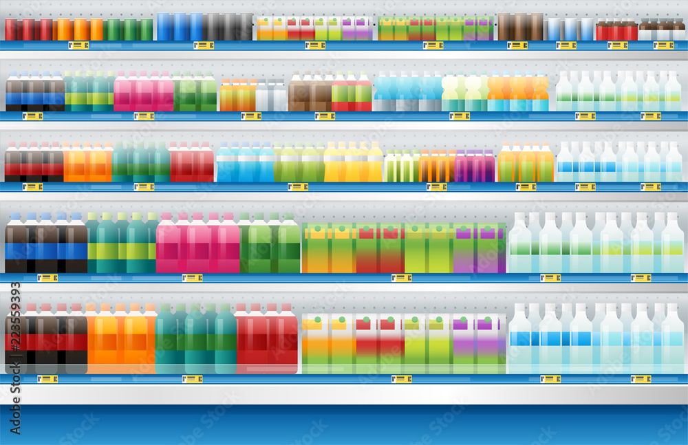 beverages for sale display on shelf in supermarket , vector , illustration beverages for sale display on shelf in supermarket , vector , illustration