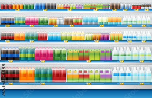 beverages for sale display on shelf in supermarket , vector , illustration