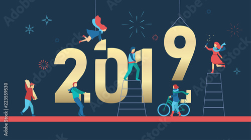 Happy New Year 2019 poster with people building figures.