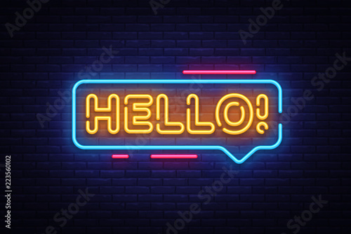 Hello Neon Text Vector. Hello neon sign, design template, modern trend design, night neon signboard, night bright advertising, light banner, light art. Vector illustration