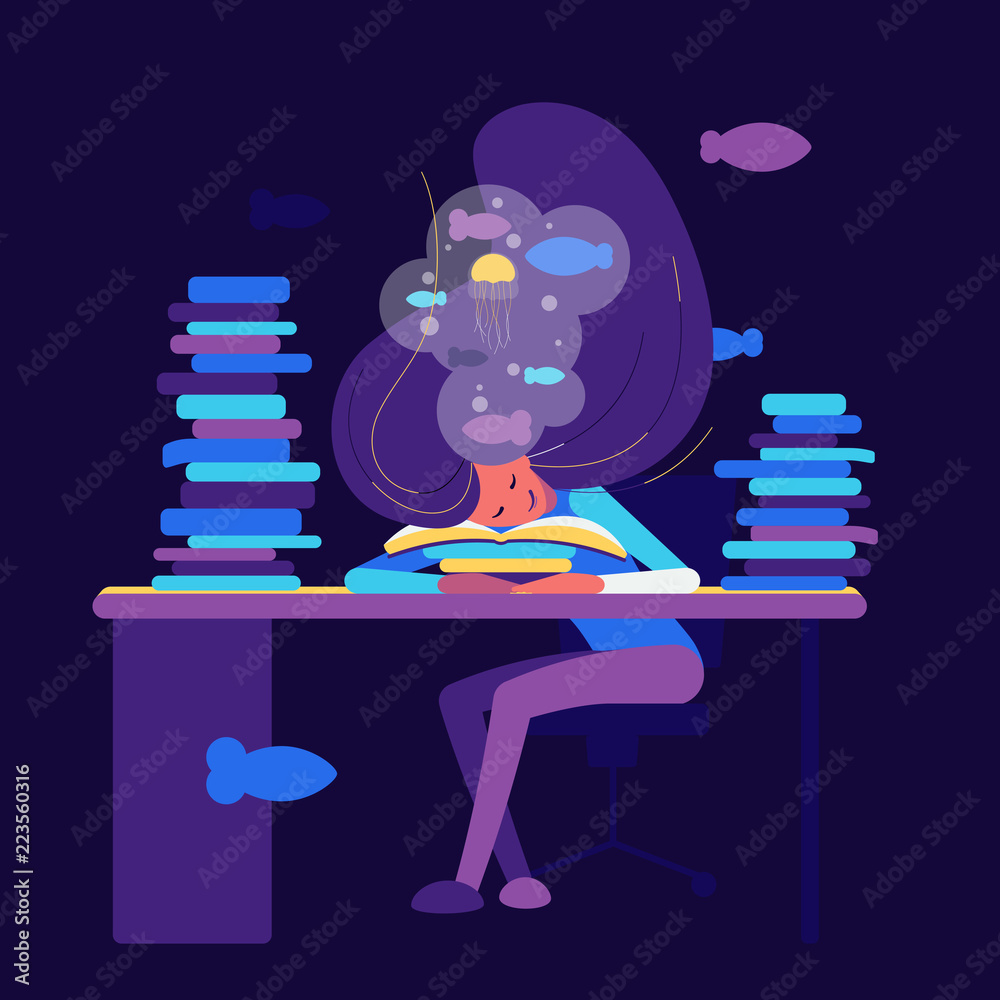 Girl sleep with books and dreaming. Flat style. Girl sleep with books and dreaming. Flat style.
