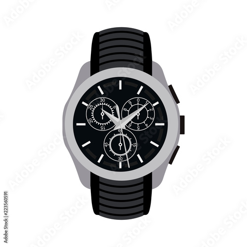 Realistic watch chronograph stainless steel black rubber clockwise red white fashion for men design luxury isolated vector illustration.