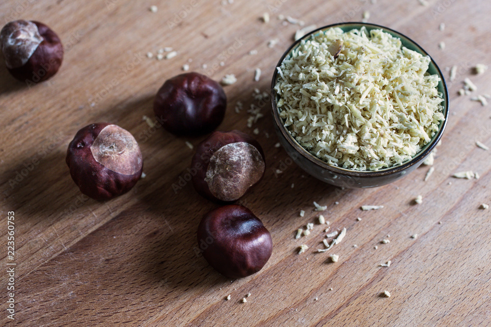 detail shot of natural biological washing powder self made of grated chestnuts