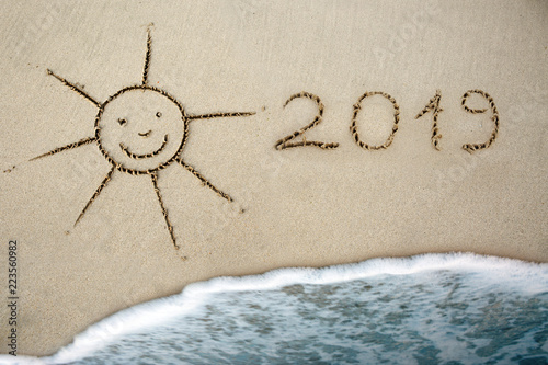 Fototapeta Naklejka Na Ścianę i Meble -  Year 2019 written at the caribbean sand beach with sea wave .